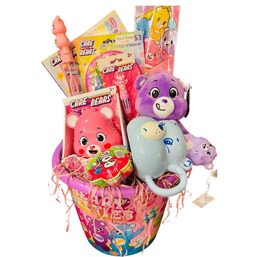 Care Bear large Easter basket , kite, jumbo coloring, book, flavored lip balm